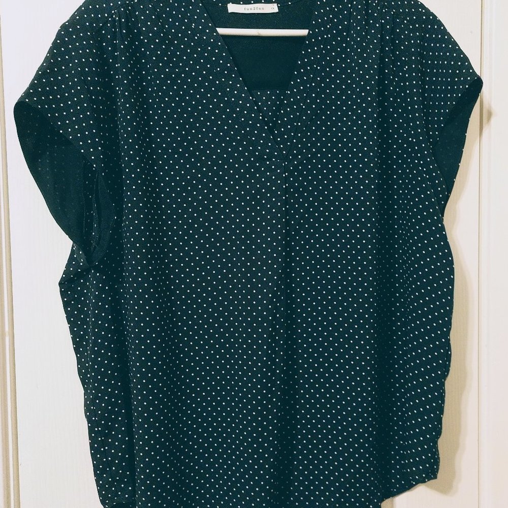 Forest Green w/ White Polka Dot Blouse V-Neck
